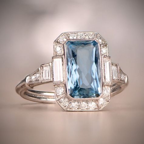 Cushion Cut Aquamarine Ring, Delicate Engagement Ring, Estate Diamond Jewelry, Aquamarine Engagement Ring, Colored Stones, Aquamarine Ring, Baguette Cut Diamond, Set Ring, Aquamarine Rings