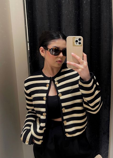 Celine Striped Cardigan Outfit, Celine Striped Cardigan, Cardigan Classy Outfit, Stripes Cardigan Outfit, Celine Outfit Style, Celine Sunglasses Outfit, Celine Cardigan, Striped Jacket Outfit, Cardigan Outfits Aesthetic