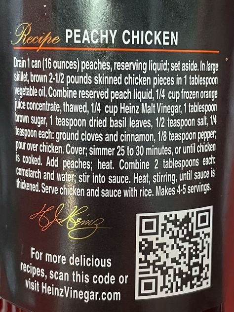 Peachy Chicken Recipe, Heinz Recipes, Peachy Chicken, Malt Vinegar, Peach Chicken, Dried Basil Leaves, Orange Juice Concentrate, Dinner This Week, Poultry Recipes