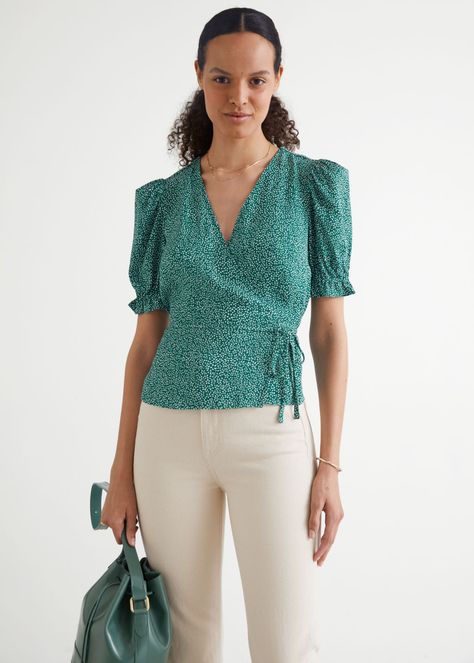 Satin Wrap Blouse, Silk Blouses, Straight Clothes, Ruffle Sleeve Blouse, Chic Blouses, Simply Chic, Blouse Online, Wrap Blouse, Green Print