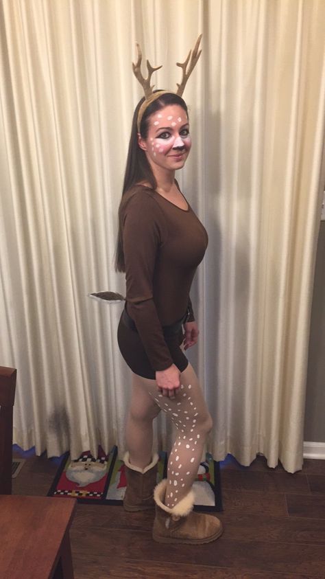 My Halloween costume this year 2017. A Speckled Fawn/ Deer Fawn Costume Women, Halloween Deer Costume, Deer Outfit Halloween, Halloween Deer Costumes Women, Deer Inspired Outfit, Deer Costume Women Diy, Cute Deer Costume, Deer Costume Halloween, Easy Deer Costume