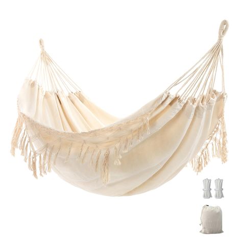 PRICES MAY VARY. Big Hammock-This hanging hammock's total length (from loop to loop) is 110insh, the bed size is 78.8 X 59inch. It's larger and wider. And it can hold up to 450lbs. Very perfect for 2 people to use. Comfortable & Elegant Tassel Design-The hammock is made from polyester cotton canvas, soft, breathable and skin-friendly. Traditional hand-woven beige tassel, gorgeous, elegant and looks outstanding. Widely Use- You can hang up the hammock anywhere you want, not only in your room, but Wedding Decor Outdoor, Beach Wedding Decor, Macrame Hammock, Garden Hammock, Indoor Hammock, Hanging Hammock, Double Hammock, Sewing Furniture, Outdoor Living Patio