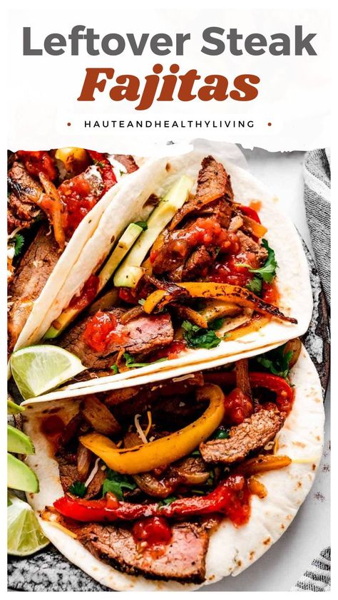 Leftover steak fajitas are a great way to use up extra meat you have on hand! Pan-seared peppers and onions get combined with juicy steak and a simple seasoning blend for a healthy, one pan wonder. Steak fajitas using leftover steak make the perfect easy weeknight dinner! Leftover Steak Fajitas Recipe, Leftover Steak Fajitas, Using Leftover Steak, Healthy Fajitas, Leftover Steak Recipes, Beef Fajita Recipe, Healthy Steak, Fajita Mix, Salmon Teriyaki Recipe