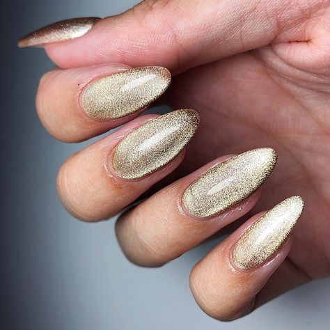 Liverpool Nails-Kirsty Hughes on Instagram: “Golden Cat Eye 👁 • Used @brillbirduk Cat Eye Gel in Champagne 🍾 this gel gives the most amazing look which the camera does not do justice…” Golden Cat Eye Nails, Gold Cateye Nails, Liverpool Nails, Gold Cat Eye Nails, Cateyes Nails, Golden Cat, Reflective Nails, Eye Nails, Holiday Nail