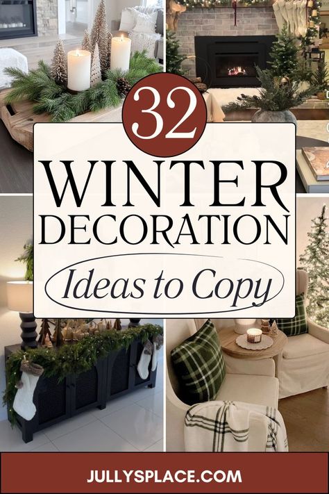 winter decor ideas, winter decorations, winter decor, winter living room decor ideas Winter 2025 Home Trends, Winter Cozy Living Room, Winter Entertainment Center Decor, Apartment Winter Decor, Winter Mantle Decor With Tv, After Christmas Decor Winter Decorations Living Rooms, January Tree Decorating Ideas, Winter Couch Decor, Fireplace Winter Decor