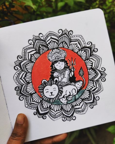 Doodle of Durga goddess with Mandala Art Durga Doodle Art, Durga Mandala Art, Gel Pen Art, Easy Mandala, Easy Mandala Drawing, Pen Drawings, Cute Doodle, Mandala Art Therapy, Goddess Durga