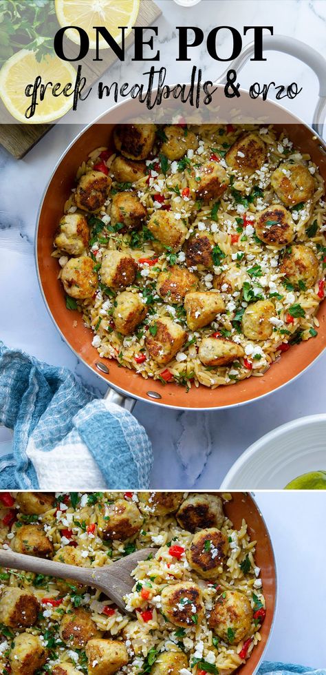 Made entirely in one pot, these Greek meatballs and orzo are packed with incredible Greek flavors and ready in under an hour! Orzo Meatball Recipe, Greek Turkey Meatballs With Orzo, Greek Instant Pot Recipes, Greek Meatballs With Orzo, Greek Crockpot Recipes, Mediterranean Crockpot Meals, Meatballs And Orzo, Meatball Dinner Recipes, Mediterranean Beef