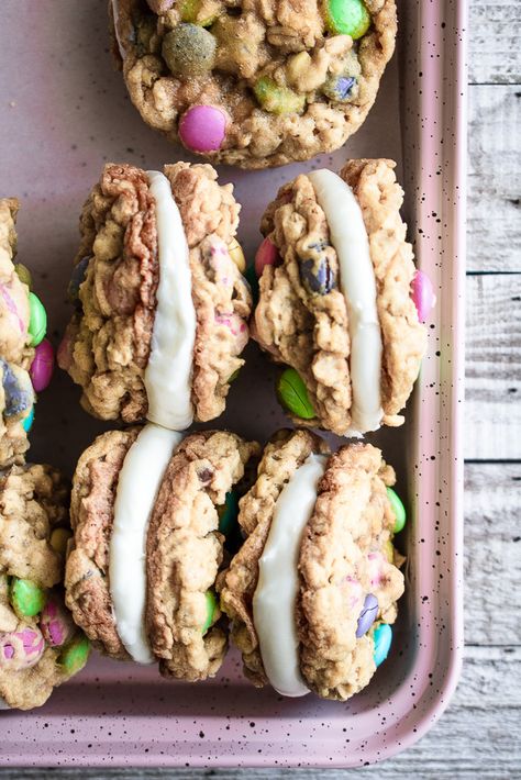 M&M Oatmeal Monster Cookie Sandwiches - Buckets of Yum M&m Cookie Sandwiches, Monster Cookie Sandwiches, Loaded Cookies, Cookie Sandwich Recipes, Cookie Sandwich, Monster Cookie, Cookie Sandwiches, Oatmeal Cookie, Sandwich Cookies