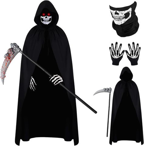 Wonlonda Halloween Fashion Dress Grim Reaper Costume Set 140cm Long Black Polyester Hooded Cloak Skull Face Mask Skull Gloves Sickle Accessories for Halloween Cosplay Decoration Skull Gloves, Skeleton Face Mask, Grim Reaper Costume, Reaper Costume, Movie Themed Party, Horror Costume, Skull Face Mask, Scary Halloween Costumes, Scary Costumes