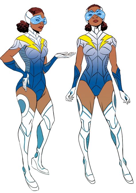 Blue Hero Costume Design, Female Speedster Suit Designs, Supervillian Design, Superhero Design Female, Supersuit Design Female, Speedster Suit Designs, Hero Suits Design Female, Superhero Design Concept Art Suits, Female Superhero Costumes Design