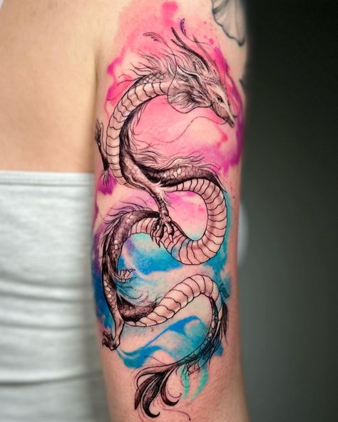 🐉 Dragon tattoo 🐉 in watercolor style . . #watercolor #watercolortattoo #dragon #dragontattoo #ink #inkedgirls #inktattoo #inklife… | Instagram Watercolor Dragon Tattoo, Koi Dragon Tattoo, Phoenix Bird Art, Watercolor Tattoo Ideas, 50 Tattoo, Flying Tattoo, Dragon Tattoo For Women, Cool Arm Tattoos, Cartoon Character Tattoos