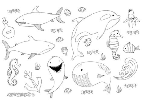 Vie marine mignon grande baleine et requ... | Premium Vector #Freepik #vector #baleine-dessin #dauphin #requin #dauphin-dessin Premium Vector, Snoopy, Fictional Characters, Art