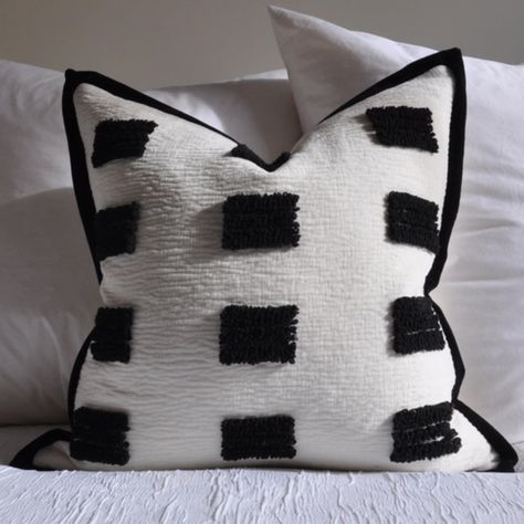 PRICES MAY VARY. 100% Chenille ELEGANT DESIGN: Luxurious Chenille Boho Throw Pillow Cover, a stunning addition to your home decor. This minimalistic artistic design features a classic white throw pillow with a bold black rectangular tufted pattern on the front and a black flange edge for an extra touch of elegance. The back side is plain white, offering versatility and a clean aesthetic. PREMIUM MATERIALS: Crafted from premium chenille fabric, this pillow cover offers a soft and textured surface Off White Throw Pillows, Couch Bedroom, Boho Throw Pillow, Pillow Combos, Design Black And White, White Decorative Pillows, Textured Throw Pillows, Black And White Pillows, Room Refresh