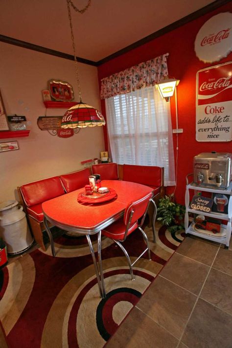 50s Kitchen Vintage, Movie Themed Rooms, White Cart, Soda Dispenser, Retro Kitchen Tables, Menu Board Restaurant, Red Accent Wall, Coca Cola Kitchen, Formica Table