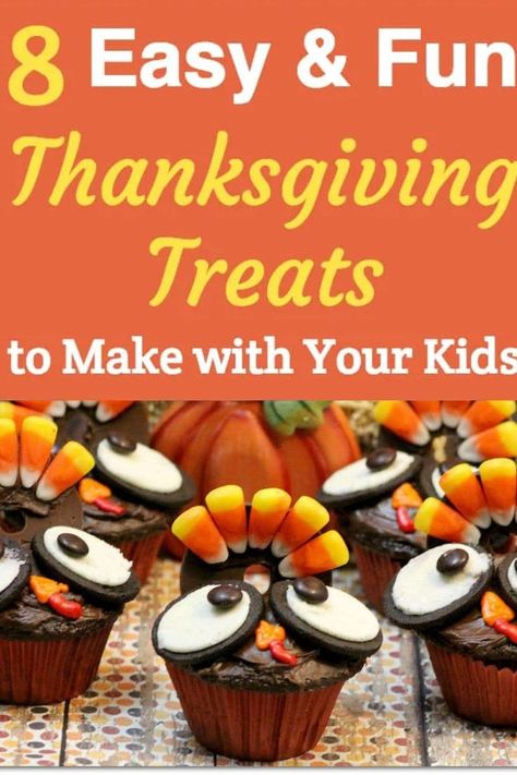 Text: 8 Easy & Fun Thanksgiving Treats to Make With Your Kids.  Image:  Turkey cupcake made with oreos and candy corn pieces Thanksgiving Kid Recipes, Fun Fall Recipes, Festive Thanksgiving Desserts, Fun Thanksgiving Ideas, Kids Appetizers, Easy Thanksgiving Desserts, Thanksgiving Desserts Kids, Thanksgiving Baking, Fun Thanksgiving Desserts