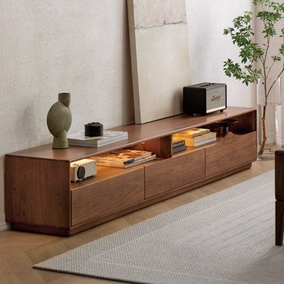 Desk Next To Tv Living Room, Walnut Tv Table, Decorating Media Console, Frame Tv Console Table, Low Profile Entertainment Center, Midcentury Tv Unit, Tv Stand Long, Living Room Wood Table, Space Between Couch And Wall