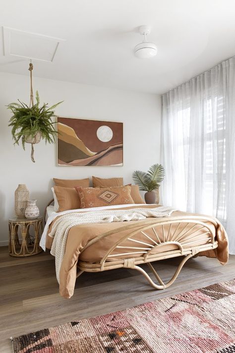 Boho Bedroom Rattan, Curtains For A Boho Bedroom, Platform Bed Boho, Boho Unisex Bedroom, Boho Bed Set Up, Boho Bed Backboard, Tranquil Bedroom Ideas Bohemian, Island Vibe Bedroom, California Boho Bedroom