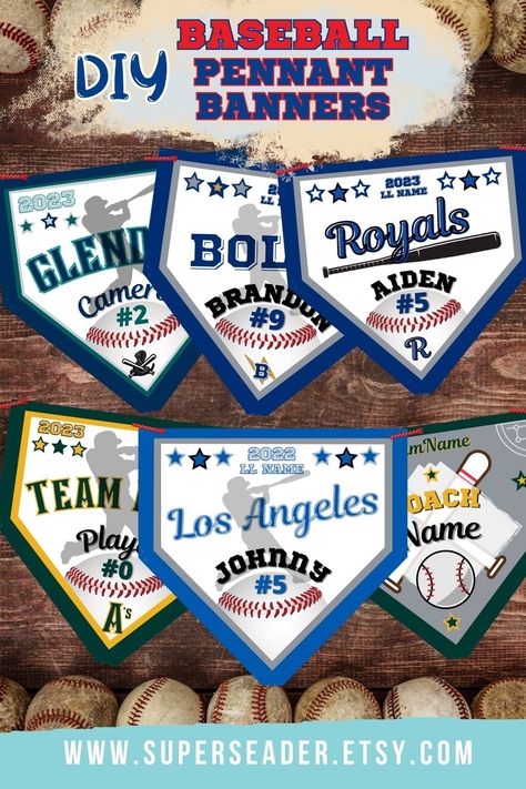 baseball home plate shaped pennant banners for various little league teams. Multiple color combos for your sports teams. Customer created pennant banner hanging on a baseball field fence. Baseball Playoff Posters, Baseball Printables, Diy Pennant Banner, Glendora California, Baseball Senior Night, Baseball Project, Baseball Diy, Team Mom Baseball, Baseball Team Banner