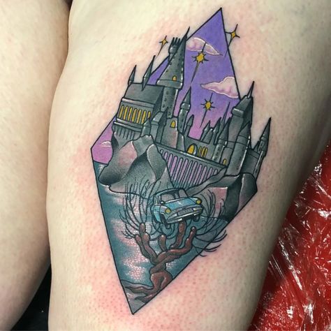 Harry Potter Castle Tattoo, Ravenclaw Tattoo, Hogwarts Castle Tattoo, Clay Castle, Tree Castle, Harry Potter Tattoo Sleeve, Hogwarts Tattoo, Nerdy Tattoos, Castle Tattoo