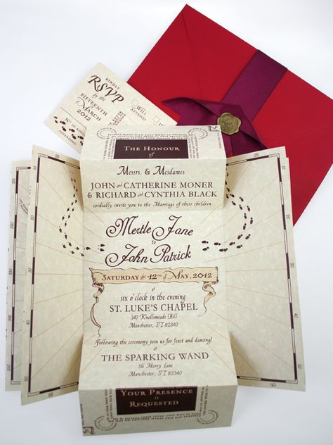 Need to rethink this wedding....... love these! Romance Managed!  Harry Potter Marauder's Map inspired invites! Marauders Map Wedding Invitation, Marauders Map Invitation, Harry Potter Wedding Invitations, Harry Potter Invitations, Map Wedding Invitation, Harry Potter Marauders Map, Debut Ideas, Harry Potter Wedding Theme, Festa Harry Potter