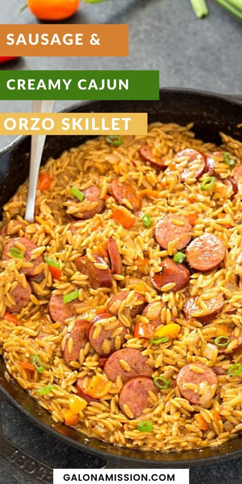 Honey Garlic Sausages Dinners Recipe, Orzo And Kielbasa, Single Skillet Meals, Orzo Dinner Ideas, Healthy One Skillet Meals, Orzo And Sausage Recipes, Orzo Dinners, Orzo Recipes Dinner, Sausage Dinner Recipes Healthy