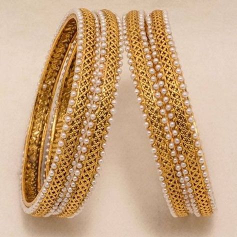 Gold Bangle Design, Pearl Bangles Gold, Pearl Bangles, Gold Bangles Indian, Ruby Bangles, Bangle Design, Gold Bangle Set, Diy Gold, Autumn Ideas