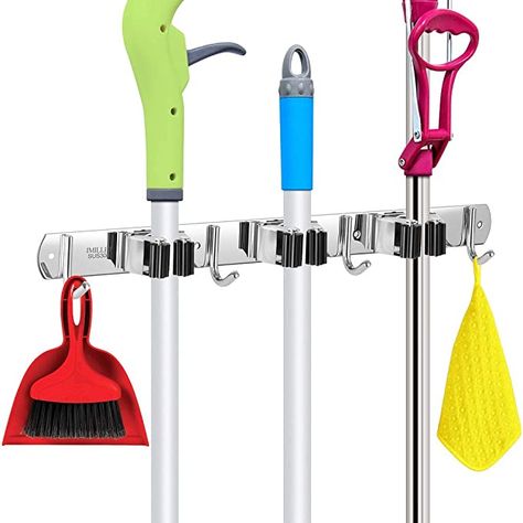 Amazon.com: IMILLET Broom Mop Holder Wall Mount Stainless Steel 16" Broom Hanger Wall Mounted Self Adhesive Heavy Duty Broom Rack Storage Organizer for Garden Garage Laundry Room Bathroom Utility Closet Basement: Home Improvement Broom Rack, Broom Organizer, Mop And Broom Holder, Bathroom Utility, Broom Storage, Plastic Broom, Garage Closet, Broom Hanger, Divider Ideas