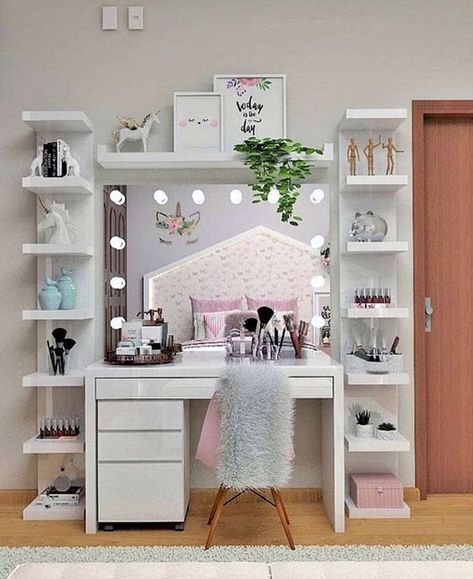 Desk And Shelves, Teenage Girl Room, Dressing Room Decor, Vanity Room, Girl Bedroom Designs, Makeup Table, Teen Bedroom Decor