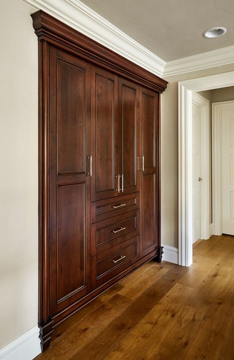 Hallway Linen Cabinet. Hallway Custom Linen Cabinet. This hallways linen cabinet was custom stained.#Hallway #LinenCabinet. Raquel Mendoza, Guest Bedroom Remodel, Kids Bedroom Remodel, Small Bedroom Remodel, Hallway Cabinet, Home Bunch, Tile Remodel, Sax Dress, Bedroom Remodel