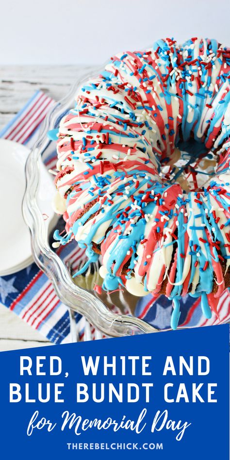 Our Red White and Blue Bundt Cake is so much fun to make and perfect for celebrating American holidays! Blue Bundt Cake, Patriotic Bundt Cake, Melted Candy, Cake Mix Ingredients, Bundt Cake Recipe, Bundt Cake Pan, 4th Of July Desserts, Blue Cakes, Soup Recipes Slow Cooker