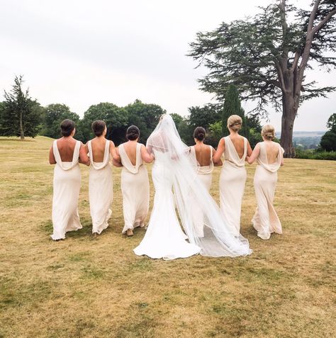 Backless Beauties,  Bridesmaids strutting in Maids to Measure Regent Dresses www.maidstomeasure.com Maids To Measure, August Wedding, Bridesmaids And Groomsmen, Satin Dresses, Bridesmaid Dress, The Struts, Real Weddings, Wedding Dresses Lace, Bridesmaid Dresses