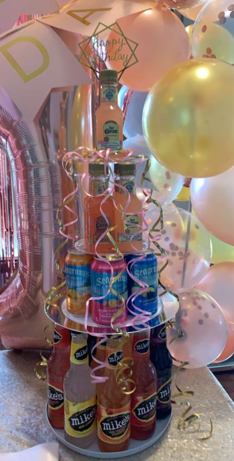 Liquor Tower Cake, Birthday Gifts With Alcohol, 21st Birthday Drink Tower, Drink Tower Birthday, Drink Cake Tower, 21 Alcohol Cake Tower, Alcohol Tower 21st Birthday, Liquor Tower, Alcohol Cake Tower