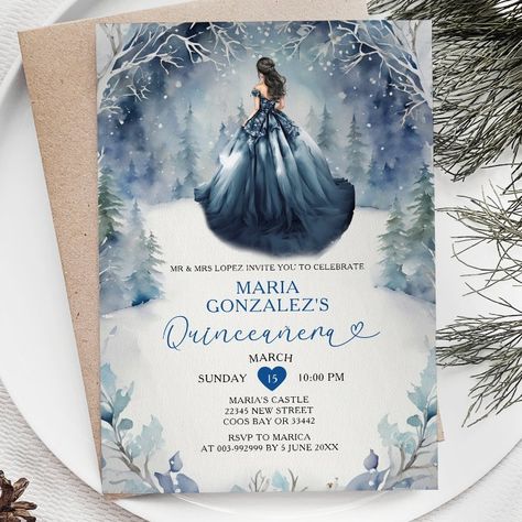 Winter Snow Navy Blue Dress Forest Quinceañera Invitation - tap, personalize, buy right now! #Invitation #winter #mis #quince #invitation, #navy Enchanted Forest Quinceanera, Christmas Fairytale, Wonderland Sweet 16, Invitations Quinceanera, Sweet 16th Birthday, Dusty Blue Dress, Quinceañera Invitation, Dress Quinceanera, Happy Party