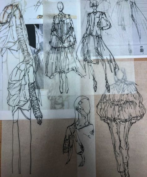 Fashion illustrations on tracing paper Fashion Sketchbook Inspiration, Istoria Modei, Fashion Portfolio Layout, Sketchbook Layout, Textiles Sketchbook, A Level Textiles, Fashion Illustration Collage, Textil Design, Fashion Design Sketchbook