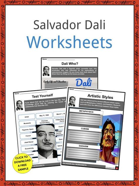 This is a fantastic bundle which includes everything you need to know about the Salvador Dali across 22 in-depth pages. These are ready-to-use Salvador Dali worksheets that are perfect for teaching students about Salvador Dali WHO was a Spanish artist, surrealist icon, and printmaker who is influential for his explorations of subconscious imagery. He is perhaps best known for his painting of melting clocks, The Persistence of Memory. Salvador Dali Worksheet, Kids Facts, Melting Clocks, Geometry Proofs, Arts For Kids, Cleaning Checklist Template, Simplifying Fractions, Research Poster, Shark Coloring Pages