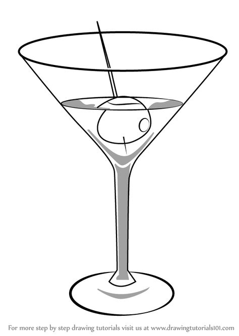 Learn How to Draw a Martini (Drinks) Step by Step : Drawing Tutorials How To Draw Cocktails Step By Step, Draw Cocktail, Martini Glass Drawing, Martini Drawing, Cocktails Drawing, Kitchen Paintings, Glass Transfer, Martinis Drinks, Beach Glass Crafts