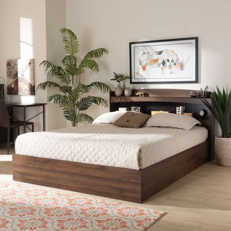 Union Rustic Nalani Queen Storage Platform Bed & Reviews | Wayfair Wood Bed Design Modern Luxury, Shelved Headboard, Beautiful Bed Designs, Simple Bed Designs, Platform Storage Bed, Platform Storage, Queen Size Platform Bed, Curved Headboard, Bed Shelves