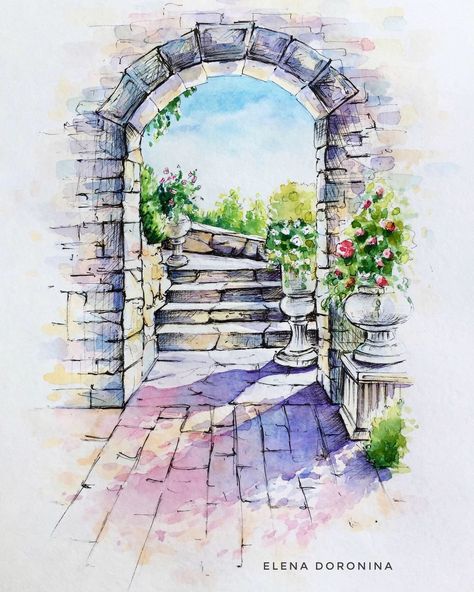 Garden Sketch Drawing, Watercolor Scenery, Watercolor Architecture, Watercolor Paintings For Beginners, Watercolour Inspiration, Architecture Drawing Art, Landscape Art Painting, Watercolor Painting Techniques, Building Art