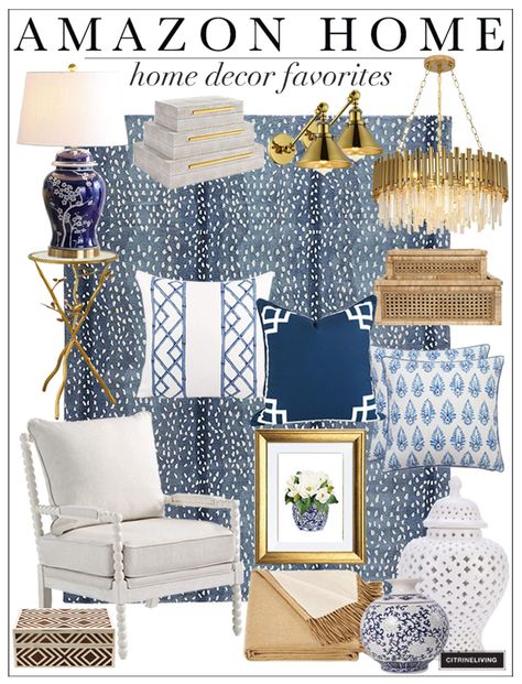 Grandmillennial Wall Decor, Found It On Amazon Home Decor, Hamptons Style Decor Living Rooms, Blue And White Living Room Coastal, Classic Blue Bedroom, Grandmillenial Style Living Rooms, Modern Chinoiserie Living Room, Blue And White Decorating Ideas, Grand Millennial Living Room