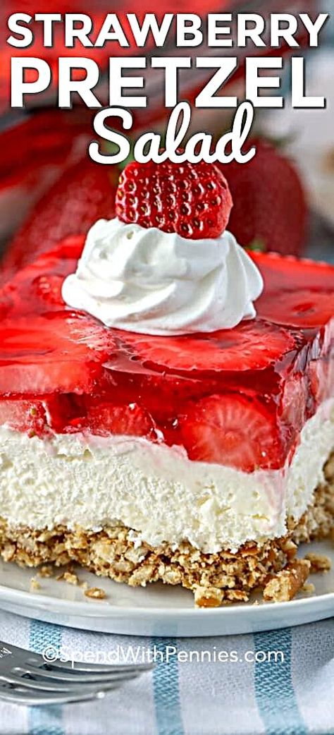 - This strawberry pretzel salad recipe takes 20 mins to prep and is best made ahead of time! Start with a pretzel crust, then a creamy filling, and top with a fresh strawberry & jello mixture! This dessert is so easy to make and always a hit with friends and family! #spendwithpennies #strawberrypretzelsalad #dessert #kidfriendly #jellorecipe #recipefortheweekend #foodblogging #foodculture #foodiegram #foodiechats #recipebinder #foodspo #food52grams #foodpicture #foodiepics #foodpictures #foodi Pretzel Salad Recipe, Strawberry Pretzel Salad Recipe, Pretzel Desserts, Macerated Strawberries, Strawberry Pretzel Salad, Strawberry Pretzel, Pretzel Salad, Jello Desserts, Spend With Pennies