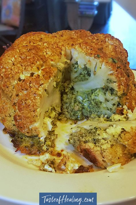 The Best Whole Roasted Cauliflower Recipe with Greens Butter Stuffing - Taste of Healing Butter Stuffing, Stuffed Cauliflower, Roasted Cauliflower Head, Roasted Cauliflower Recipe, New Food Ideas, Recipes Veg, Whole Roasted Cauliflower, St Patrick's Day Recipes, Cauliflower Recipe