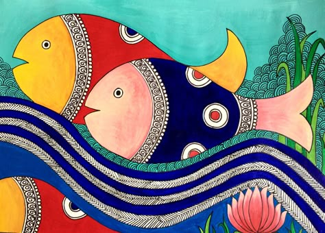 madhubani art - - Image Search Results Gond Art Paintings, Madhubani Paintings Peacock, Folk Art Fish, Gond Art, Gond Painting, Madhubani Paintings, Madhubani Art, Soyut Sanat Tabloları, Drawings For Kids