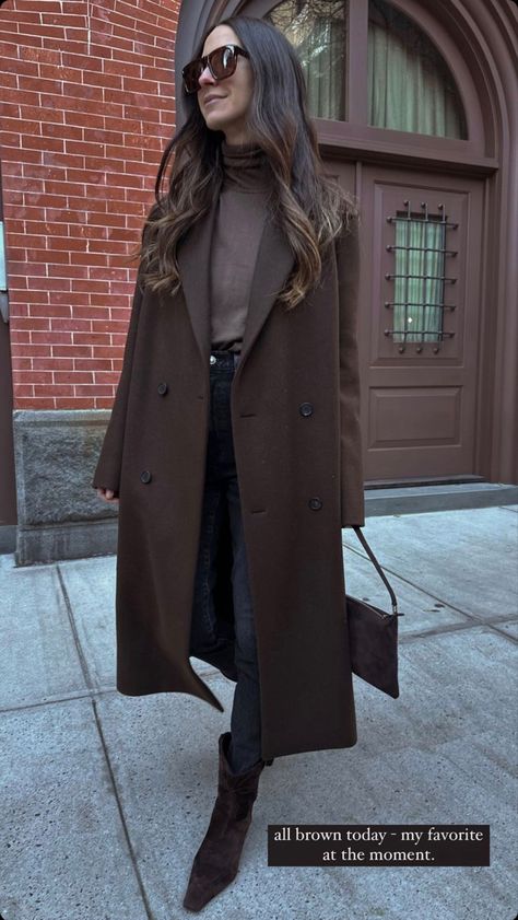 Brown Long Coat Outfit Winter Style, Winter Coat And Scarf Outfit, Chocolate Brown Winter Outfit, Dark Brown Wool Coat Outfit, Brown Suede Coat Outfit, Dark Brown Coat Outfit Winter, Chocolate Coat Outfit, Chocolate Brown Coat Outfit, Dark Brown Trench Coat Outfit