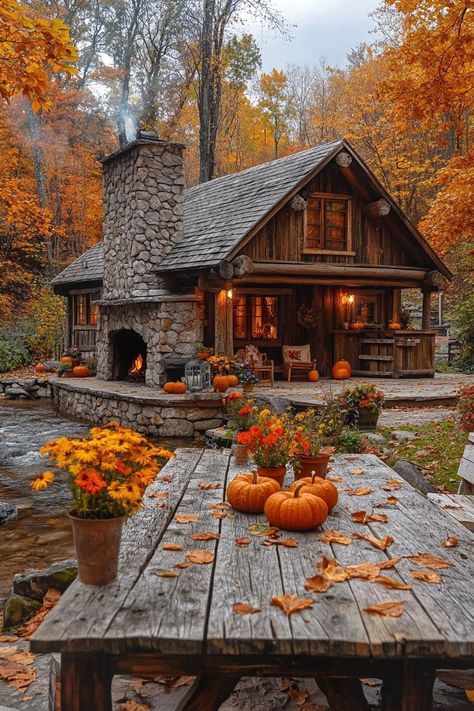 Autumn Village, Cosy Cabin, Rustic Cabins, Mountain Cabins, Log Home Designs, Log Cabin Rustic, Cabin In The Mountains, Countryside House, Autumn Scenes