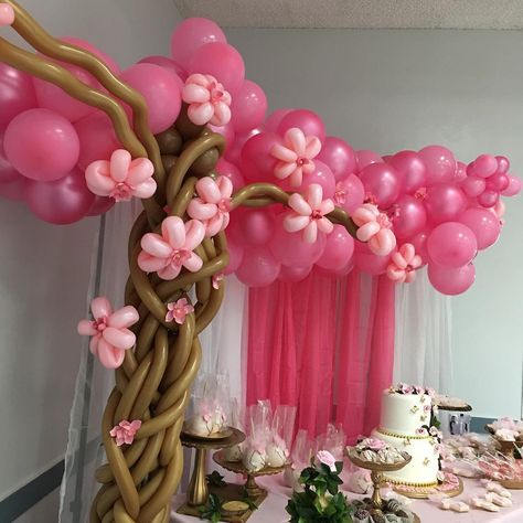 Cherry Blossom Baby Shower Ideas, Cherry Blossom Balloon Decor, Sakura Flower Decoration, Chinese Balloon, Cherry Blossom Baptismal Theme, Cherry Blossom Stage Decor, Hello 16, Cherry Blossom Installation, Tree Balloon