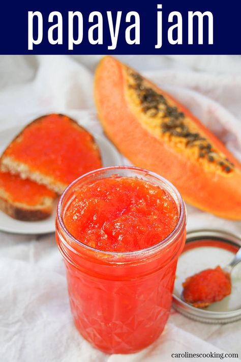 This papaya jam is easy to make, with a lovely tropical fruit flavor. It's gently aromatic and great both as a sweet spread and paired with cheese. Papaya Jelly Recipe, Dried Papaya Recipe, Papaya Jam Recipe, Papaya Jam, Pickled Papaya, Indulgent Recipes, Papaya Recipes, Low Sugar Jam, Passion Fruit Curd