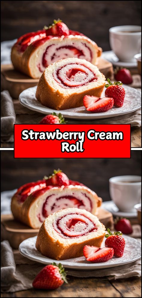 Savor the delightful flavors of a Strawberry Cream Roll! 🍓🍰✨ This enchanting dessert features a light and fluffy sponge cake rolled with a luscious strawberry cream filling, creating a perfect balance of sweetness and freshness. Topped with a dusting of powdered sugar or a drizzle of strawberry sauce, this beautiful roll is ideal for any occasion—from spring celebrations to casual gatherings.#StrawberryCreamRoll #Baking #SweetTreats #BerryDelight #DessertLove Strawberry Cake Rolls, Raspberry Cake Roll Recipe, Cake Rolls Recipes, Raspberry Cake Roll, Strawberry Cream Filling, Spring Roll Filling, Fluffy Sponge Cake, Sponge Cake Roll, Strawberry Roll Cake