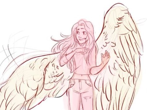 Art Poses With Wings, Character With Wings Poses, Holding Bird Reference, People With Wings Drawings, Human With Wings Character Design, Winged Human Art, Ace X Reader, Winged Woman Art, Wings Wrapped Around Person Drawing