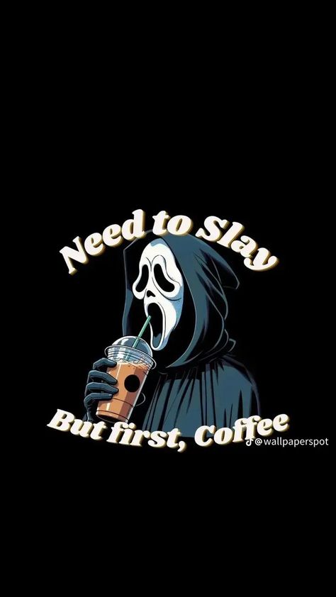 Scream Lockscreen Iphone, Girly Scream Wallpaper, Spooky Coffee Wallpaper, Halloween Coffee Wallpaper, Halloween Funny Wallpaper, Coffee Halloween Quotes, Halloween Coffee Aesthetic, Halloween Coffee Quotes, Scream Iphone Wallpaper