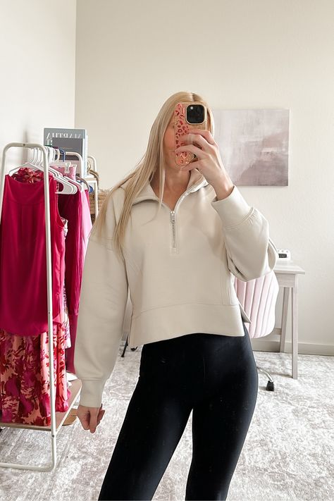 Quarter zip pullover outfit for winter! Here's an easy way to style a white quarter zip. I paired it with my favorite Abercrombie flare leggings and some chunky white sneakers. This is the perfect winter athleisure outfit. Sharing more casual athleisure outfits here! White Quarter Zip Outfit, Quarter Zip Pullover Outfit, Zip Pullover Outfit, Half Zip Outfit, Winter Athleisure Outfits, Bridesmaids Proposal Boxes, Quarter Zip Outfit, Casual Athleisure Outfits, Winter Athleisure